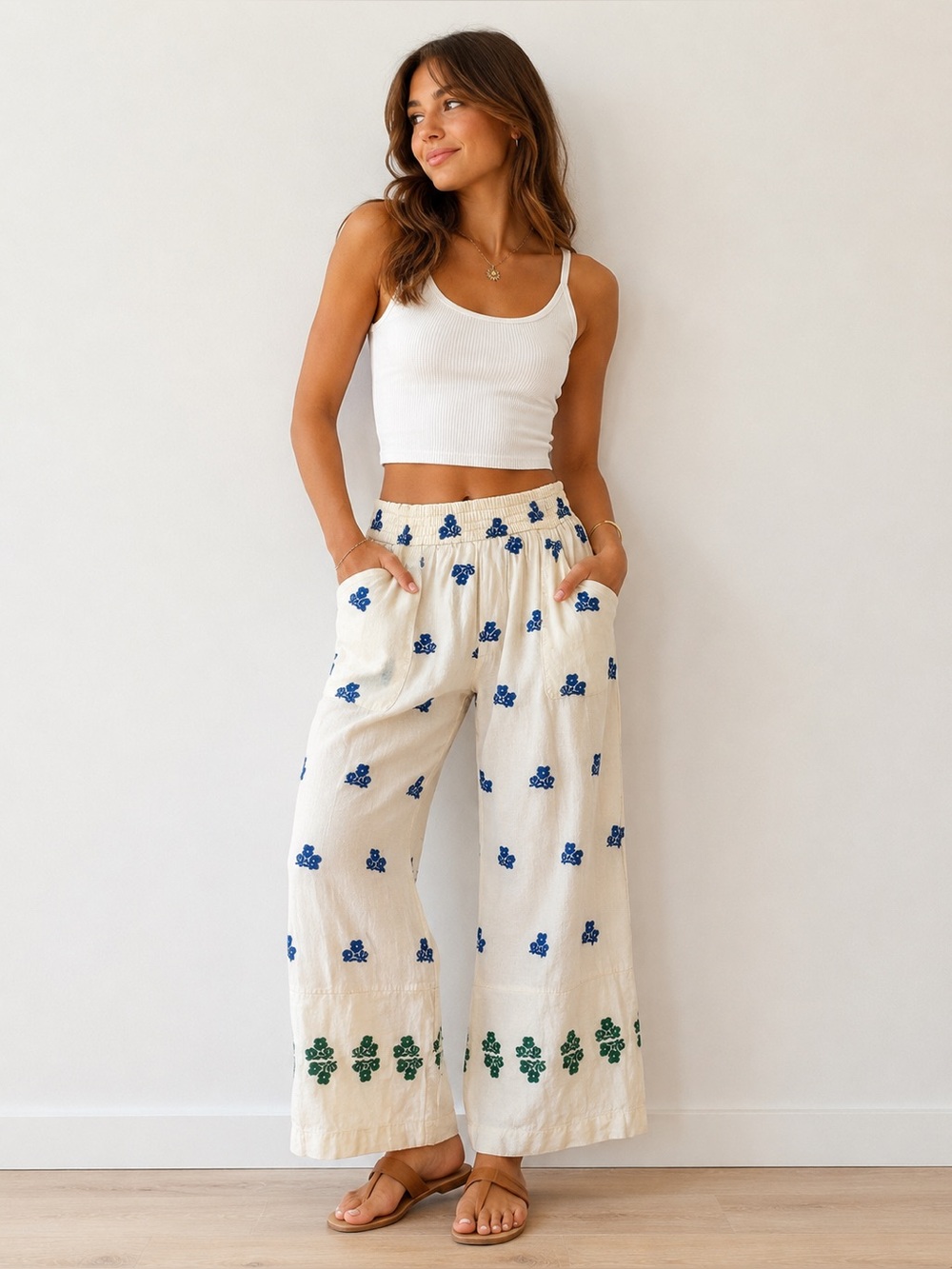 Zara Embroidered Cropped Pants – White Blue & Green Floral Print – Size Medium - Picture 1 of 9